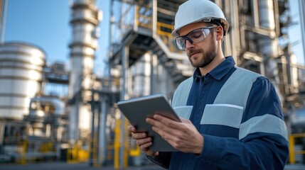 Engineer using tablet at refinery.