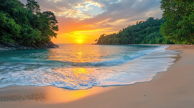 Beautiful sunset over a tranquil beach with golden sand and gentle waves in a tropical setting. Generative AI