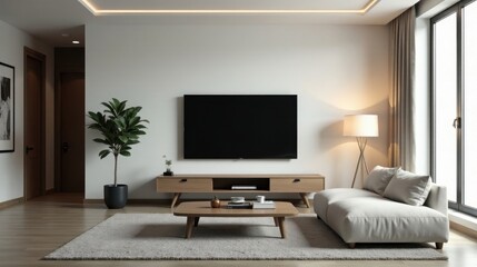 Modern Minimalist Living Room Interior Design Featuring Neutral Tones and Wooden Accents