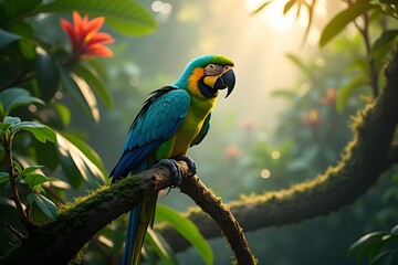 Obraz premium parrot against the backdrop of lush tropical forest, morning light and light fog.