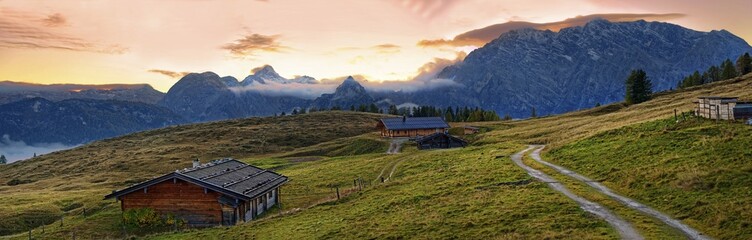 Mountain panorama Berchtesgarden Alps with Watzmann east face at sunset, Gotzenalm, Berchdesgarden...