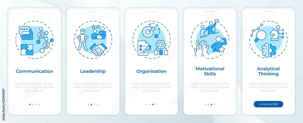Poster line manager skills blue onboarding mobile app screen. corporate. walkthrough 5 steps editable graph