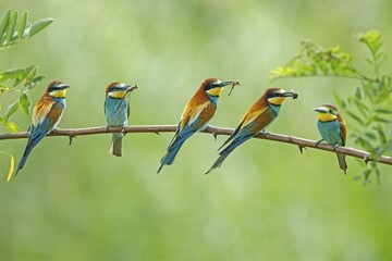 Five Bee-eaters (Merops apiaster) with prey in their beaks, sitting during the breeding season on branch, Rhineland-Palatinate, Germany, Europe