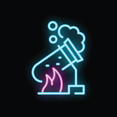 Neon sign illustrating a chemical reaction taking place in an erlenmeyer flask being heated on a bunsen burner