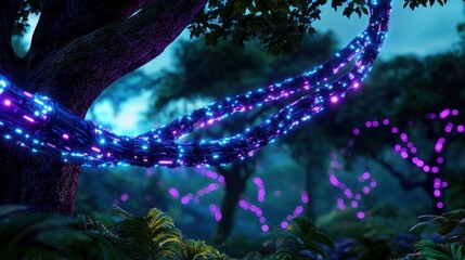 Harmonious nature-technology connection concept. Vibrant illuminated vines in a mystical forest setting