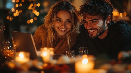 A young couple smiles while looking at a laptop during a romantic dinner at home with candlelight.