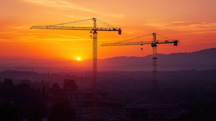 Construction cranes silhouetted against a vibrant sunset over a city skyline during an evening in summer. Generative AI
