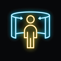 Neon sign of a person standing inside of an augmented reality simulation, with arrows indicating movement