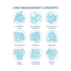 Line management soft blue concept icons. Corporate career. Goods production and delivery employees supervision. Icon pack. Vector images. Round shape illustrations for presentation. Abstract idea