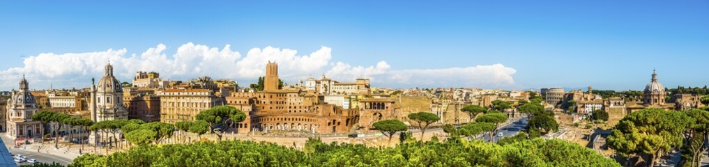 Fototapeta premium Cityscape of Rome, Church of Santa Maria di Loreto, Via dei Fori Imperiali, Foro di Traiano, Trajan's Forum, Foro di Augusto, Augustus Forum, Colosseum, Foro Romano, Roman Forum, historic centre, Rome, Lazio, Italy, Europe