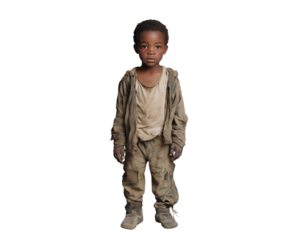 Young child wearing dirty clothes stands alone, showcasing resilience and innocence against a plain backdrop in a moment that tells a story of hardship and survival