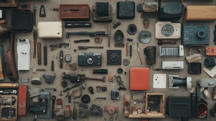 Flatlay of various vintage and antique objects on a textured surface.