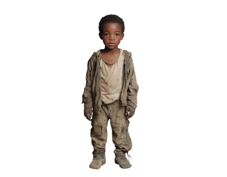 Young child wearing dirty clothes stands alone, showcasing resilience and innocence against a plain backdrop in a moment that tells a story of hardship and survival