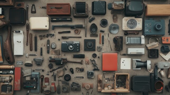 Flatlay of various vintage and antique objects on a textured surface.