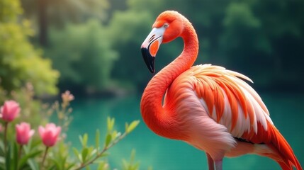 Obraz premium A vibrant flamingo gracefully poses amidst a serene, verdant landscape, its plumage reflecting the soft sunlight, creating a picturesque scene of natural beauty.