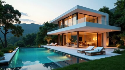 Fototapeta premium Modern Architectural Residence with Infinity Pool and Hillside Views at Dusk