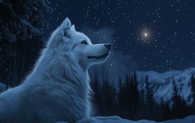 Obraz premium A white dog looking up at the stars. The background is a deep blue night sky dotted with countless twinkling stars, creating a peaceful and mysterious atmosphere.
