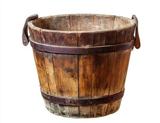 Obraz premium Antique wooden bucket with metal bands and handles, isolated on white.