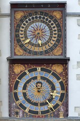 Two tower clocks on old town hall tower, below 1527, above 1584 Untermarkt, Görlitz, Oberlausitz, Saxony, Germany, Europe