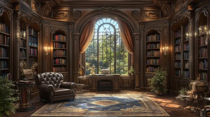 Fototapeta premium Luxurious library with arched window, bookshelves, leather armchair, and ornate details.