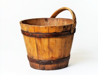 Fototapeta premium Rustic wooden bucket with handle, isolated on white.