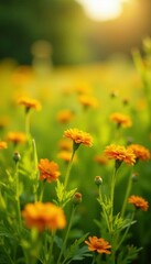 Obraz premium Sunny meadow full of marigold flowers and buds in warm light, green, meadow