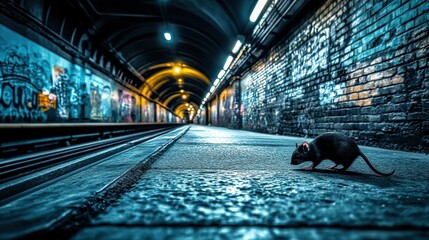 Rat in graffiti-covered underground subway tunnel  
