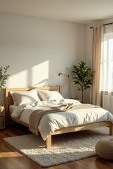 Serene Bedroom Sanctuary Sunlight Illuminates a Minimalist Wooden Bed with Soft Bedding and Natural Decor
