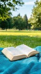 An open book resting on a cozy blanket, inviting readers to dive into a world of imagination and stories.