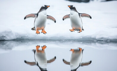 Obraz premium Two penguins jumping on the ice. Their movements are very synchronized, as if they are performing an interesting dance. The background is a snow-covered environment