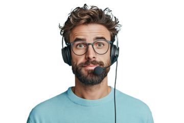 Male customer support representative providing assistance while wearing a headset in a casual business setting