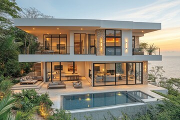 Modern luxury villa with pool overlooking ocean  
