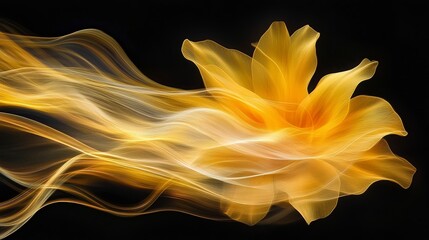 Ethereal Yellow Flower with Flowing Light on Black Background