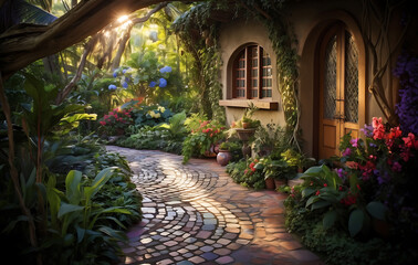 Naklejka premium A beautiful garden filled with flowers and trees.