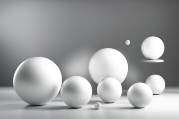 Arrangement of white spheres floating and resting in a minimalist, calm setting, AI generated