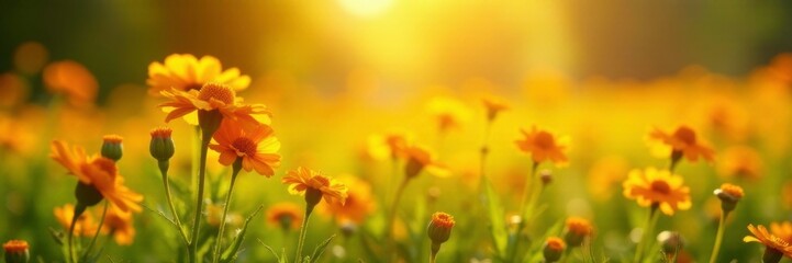 Obraz premium Sunny meadow full of marigold flowers and buds in warm light, sunny, stems