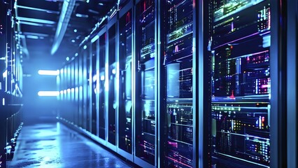 Fototapeta premium Server racks aligned in rows within a cloud computing data center background and data streams flowing, AI generated