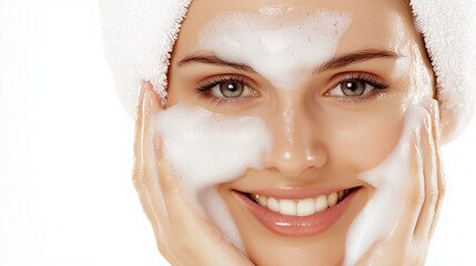 Close-up of a young woman with a towel on her head, gently cleansing her face with foam. A fresh, skincare-themed image perfect for beauty and wellness concepts.