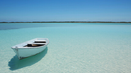 Naklejka premium White boat in blue water.