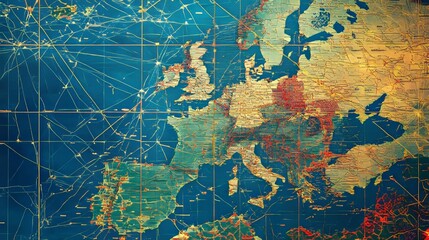 Fototapeta premium abstract background of futuristic technology screen scan flight radar airplane route path of europe travel maps