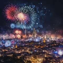 Naklejka premium Fireworks light up the night sky over a city, reflecting off various buildings, AI generated