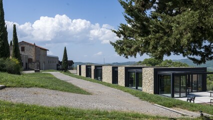 Modern building for wine tasting at the Castello di Ama winery, Chianti region, Tuscany, Italy,...
