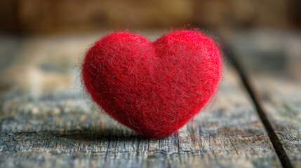 Fototapeta premium Red felt heart resting on rustic wooden surface creates a warm and inviting atmosphere for crafts or decorations. Generative AI