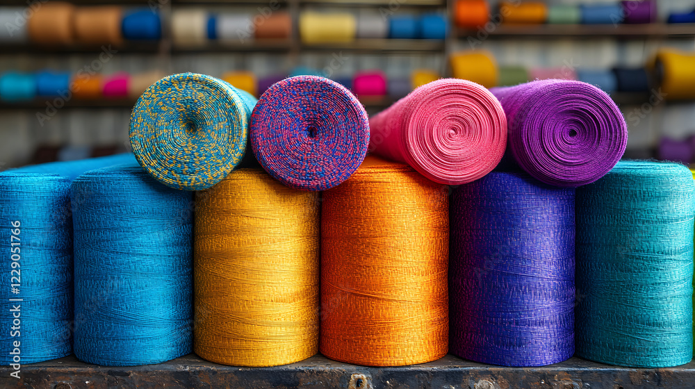 Poster vibrant rolls of thread in various colors arranged neatly, showcasing a rich palette suitable for cr