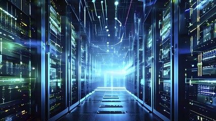 Fototapeta premium Server racks aligned in rows within a cloud computing data center background and data streams flowing, AI generated