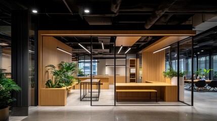 Modern office space with wood accents, glass partitions, and indoor plants creating a bright working environment