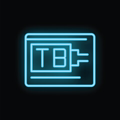 Glowing blue neon icon of external hard drive or flash drive showing data storage capacity, isolated on black background