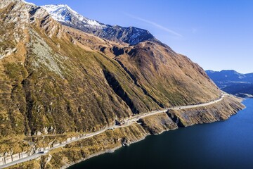 Aerial view of the reservoir at the Lukmanier Pass (Passo del Lucomagno), Canton Graubünden and...