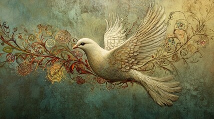 Fototapeta premium A stunning illustration of a white bird in flight, surrounded by intricate floral elements and vibrant colors. This artwork embodies themes of beauty and freedom.