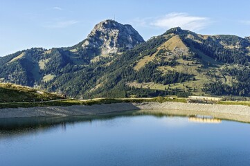 Fototapeta premium View from Sudelfeld to Wendelstein with reservoir lake Mangfall mountains, Alpine foothills, Upper Bavaria, Bavaria, Germany, Europe